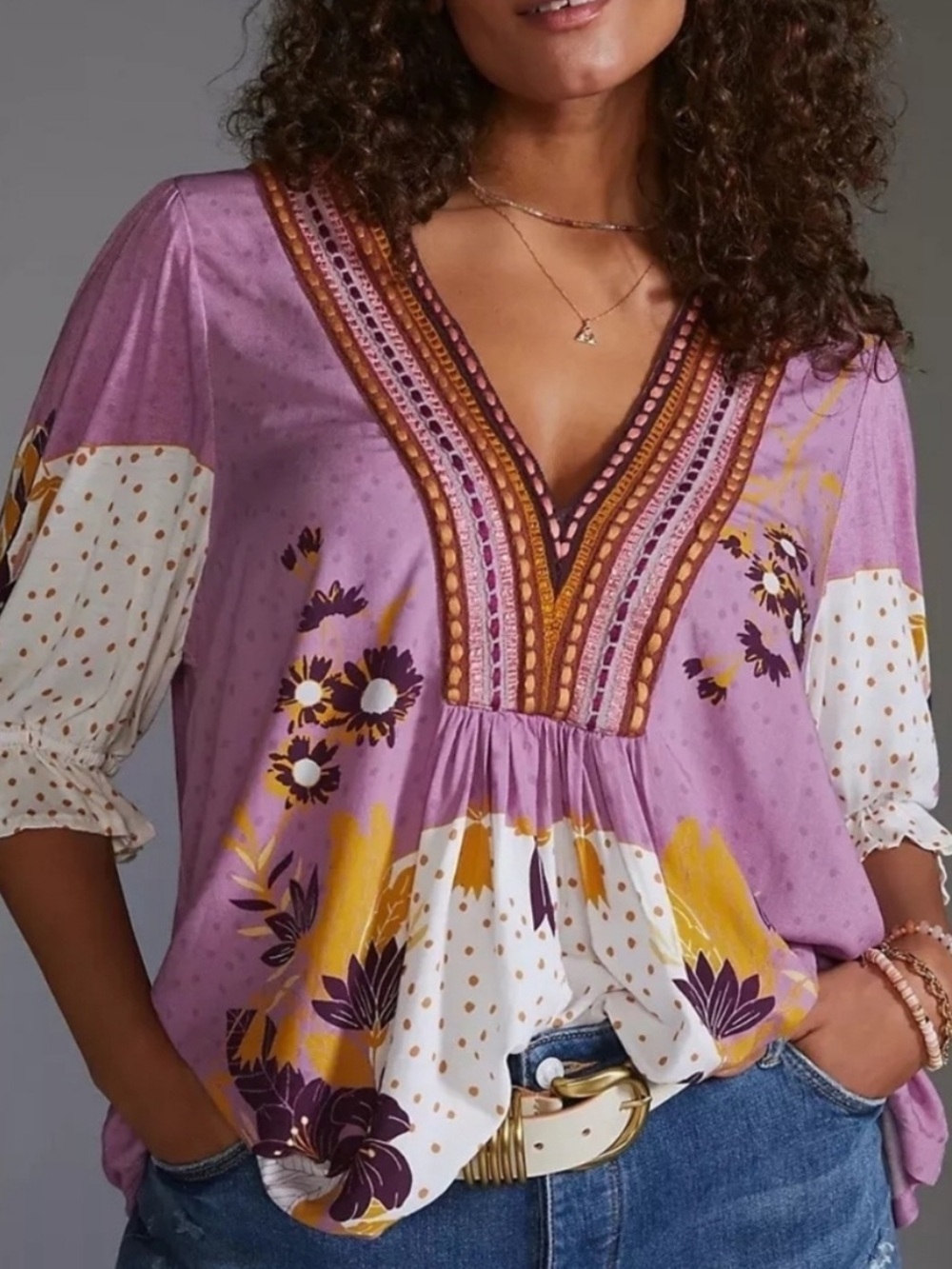 Boho Floral V-Neck Women’s Top in Lavender and White